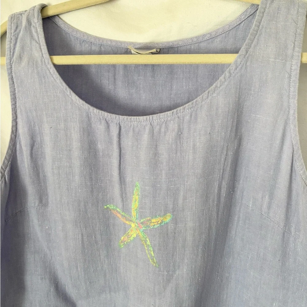 Purple Sleeveless linen Dress with Starfish Embroidery LARGE - Picture 2 of 8